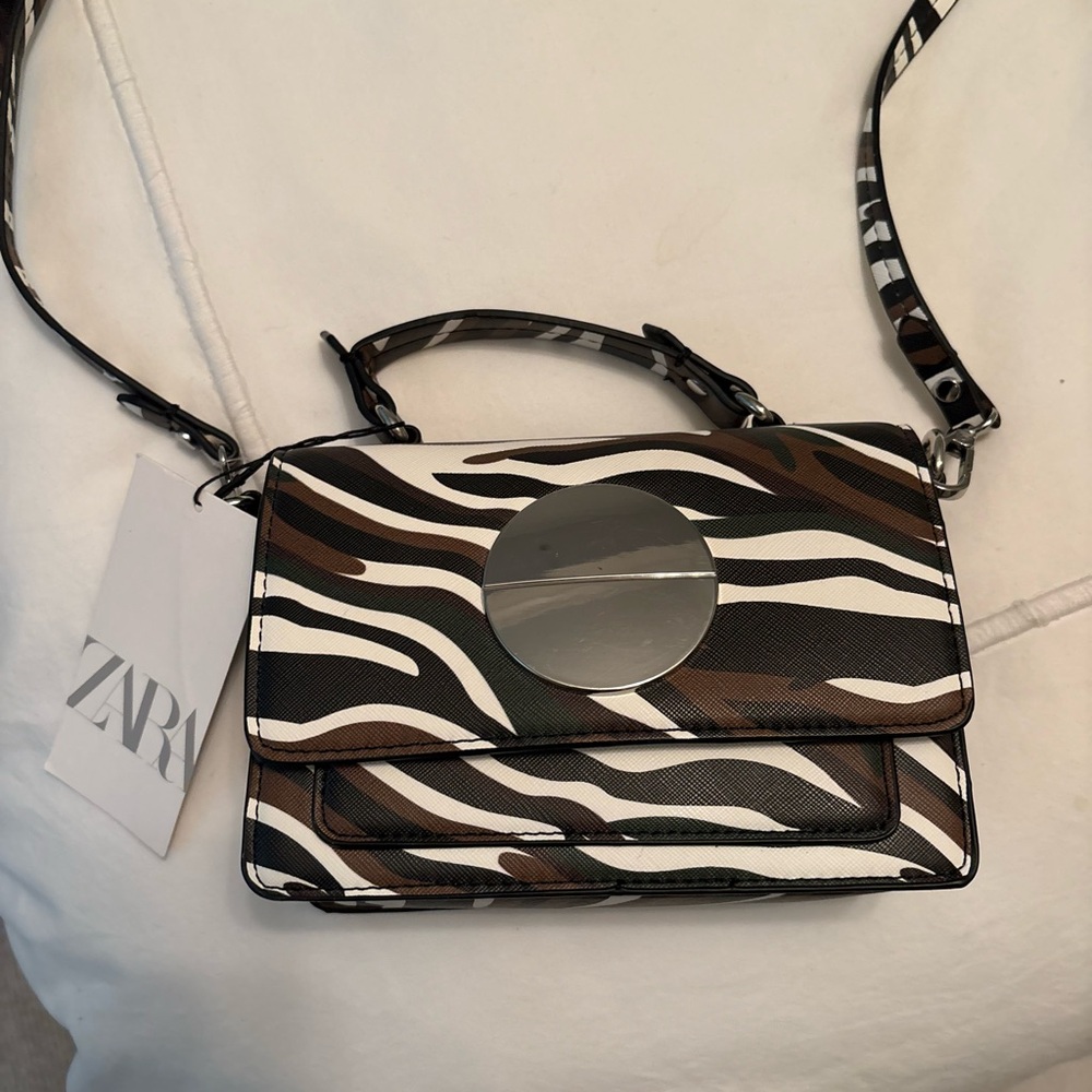 NWT Zara Wild Stripe Crossbody Bag - Black, White, Brown